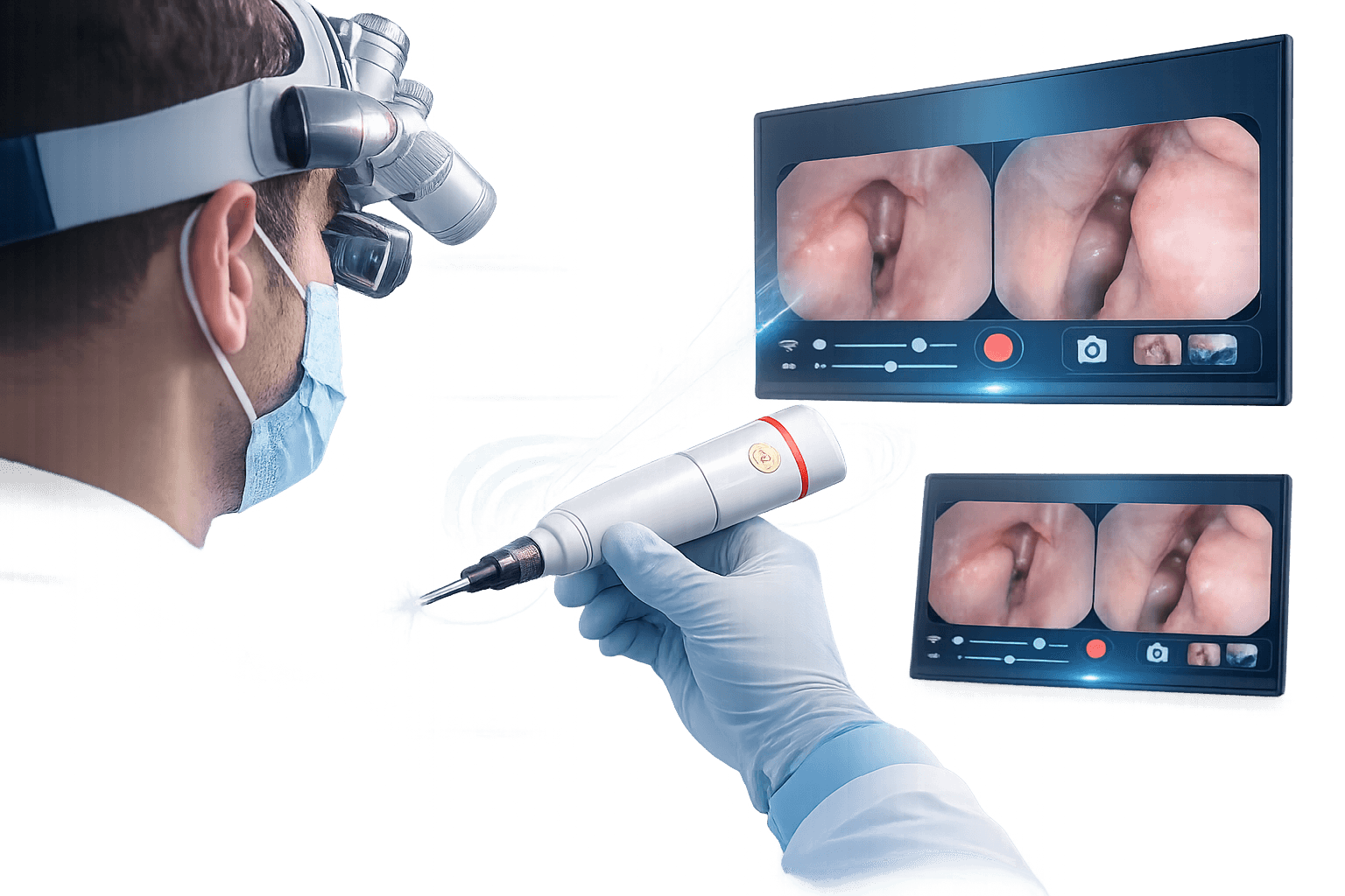 Surgeon using FREEVIEW wireless endoscope with dual-display setup showing live ENT imaging