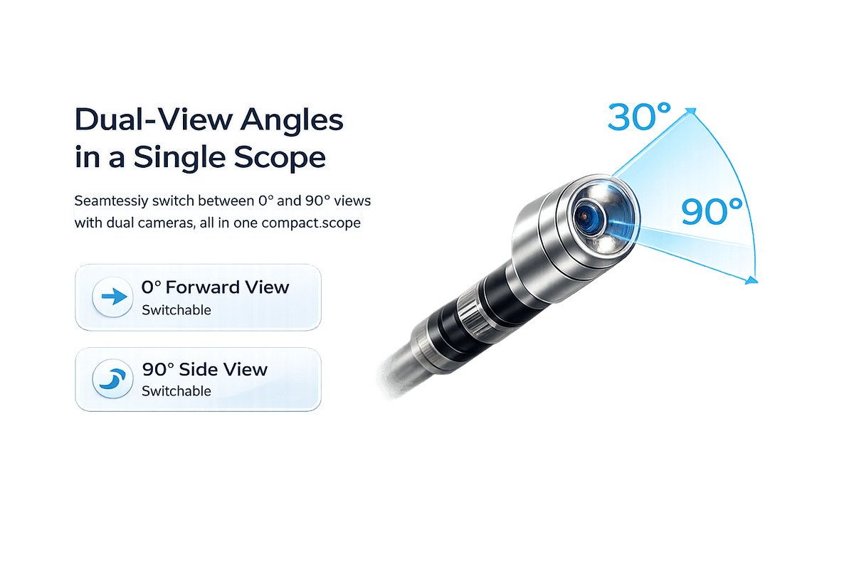FREEVIEW dual-lens scope tip showing switchable 0° forward view and 90° side view angles