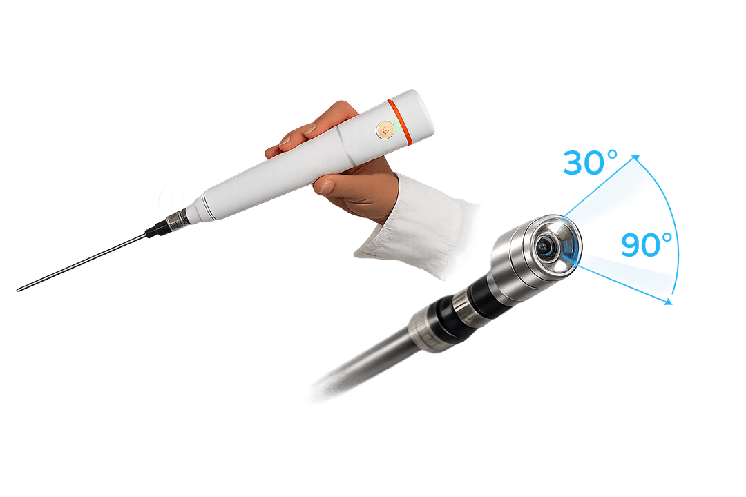 Clinician holding FREEVIEW scope with dual-view angle visualization diagram
