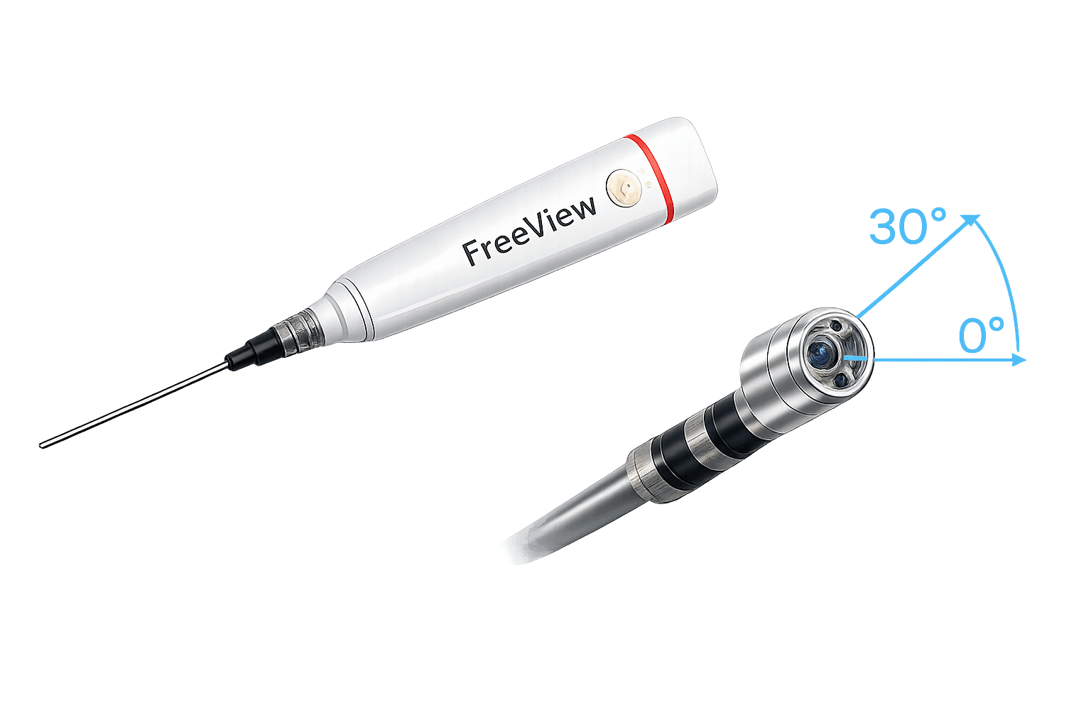 FREEVIEW dual-lens scope tip showing 30° and 90° viewing angle options