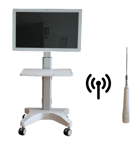 FREEVIEW complete system showing the wireless scope, Android display on stand, and Wi-Fi connection