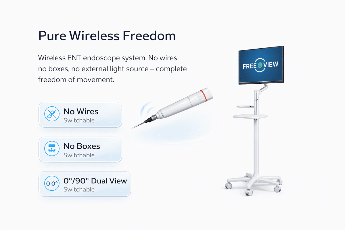 FREEVIEW wireless endoscope system showing no wires, no boxes, complete freedom of movement