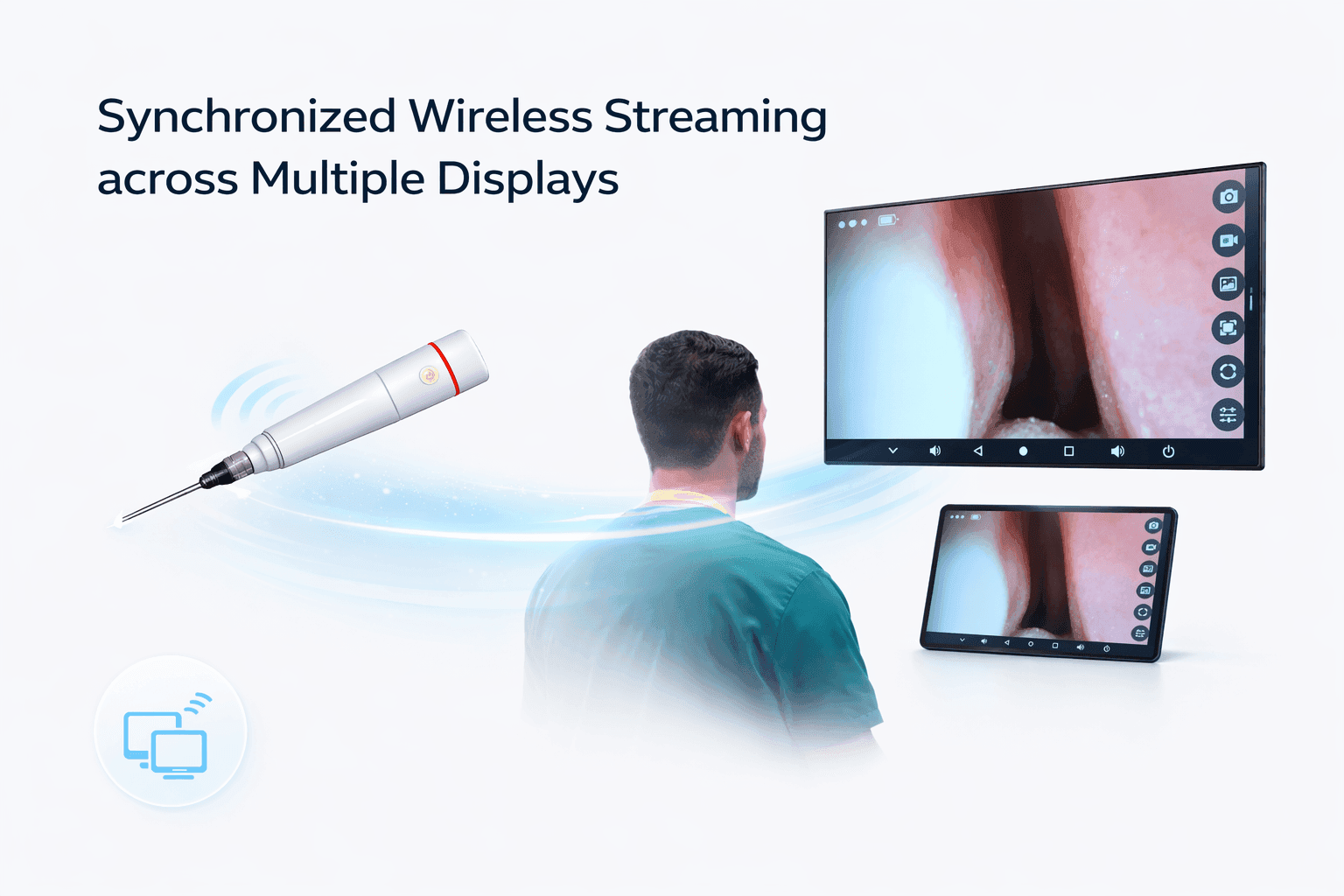 FREEVIEW wireless endoscope streaming live ENT imaging simultaneously to multiple display screens