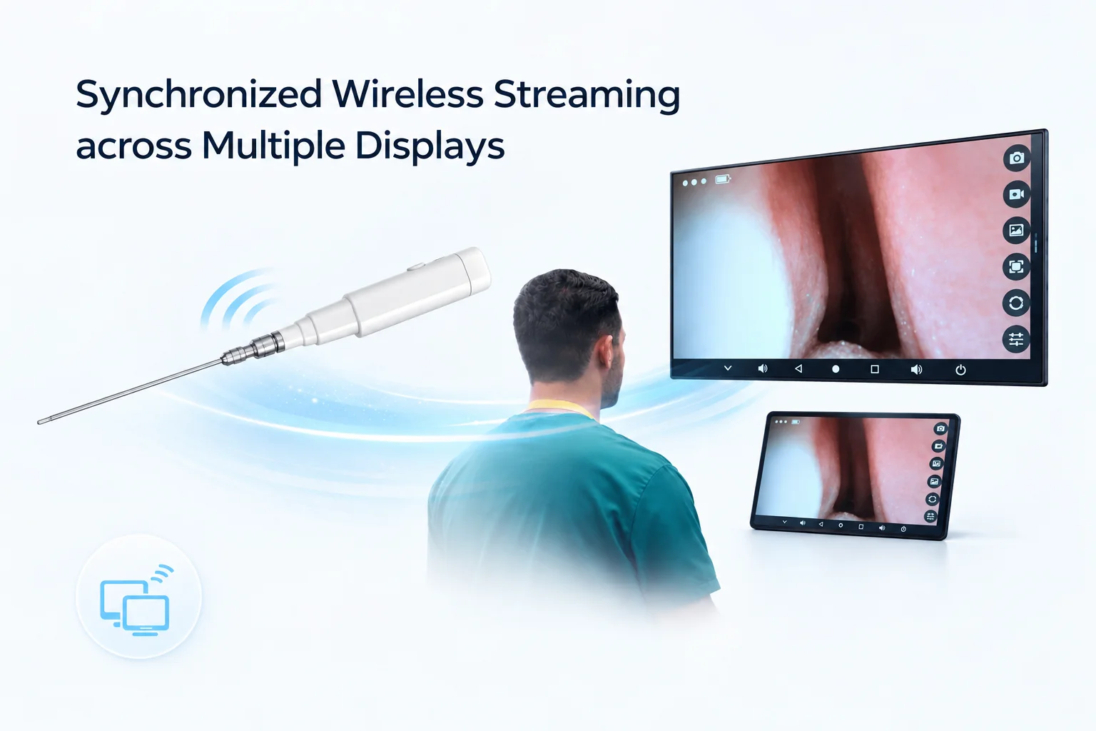 FreeView wireless ENT endoscope streaming live endoscopy video to a wall display and a bedside tablet at the same time